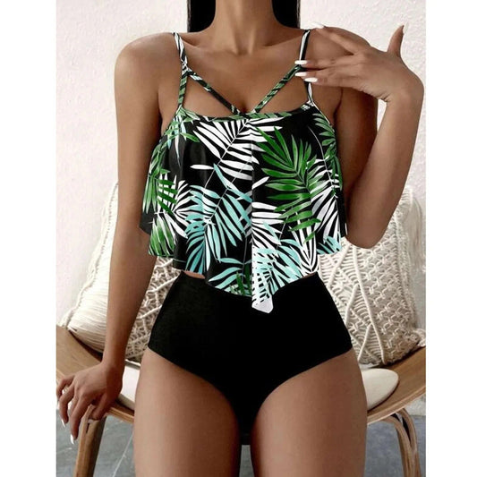 LolaBeach - Tankini con volant e stampa foglie