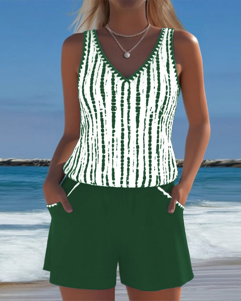 Mia | Costume da bagno casual a due pezzi stampato con scollatura a V e tasche