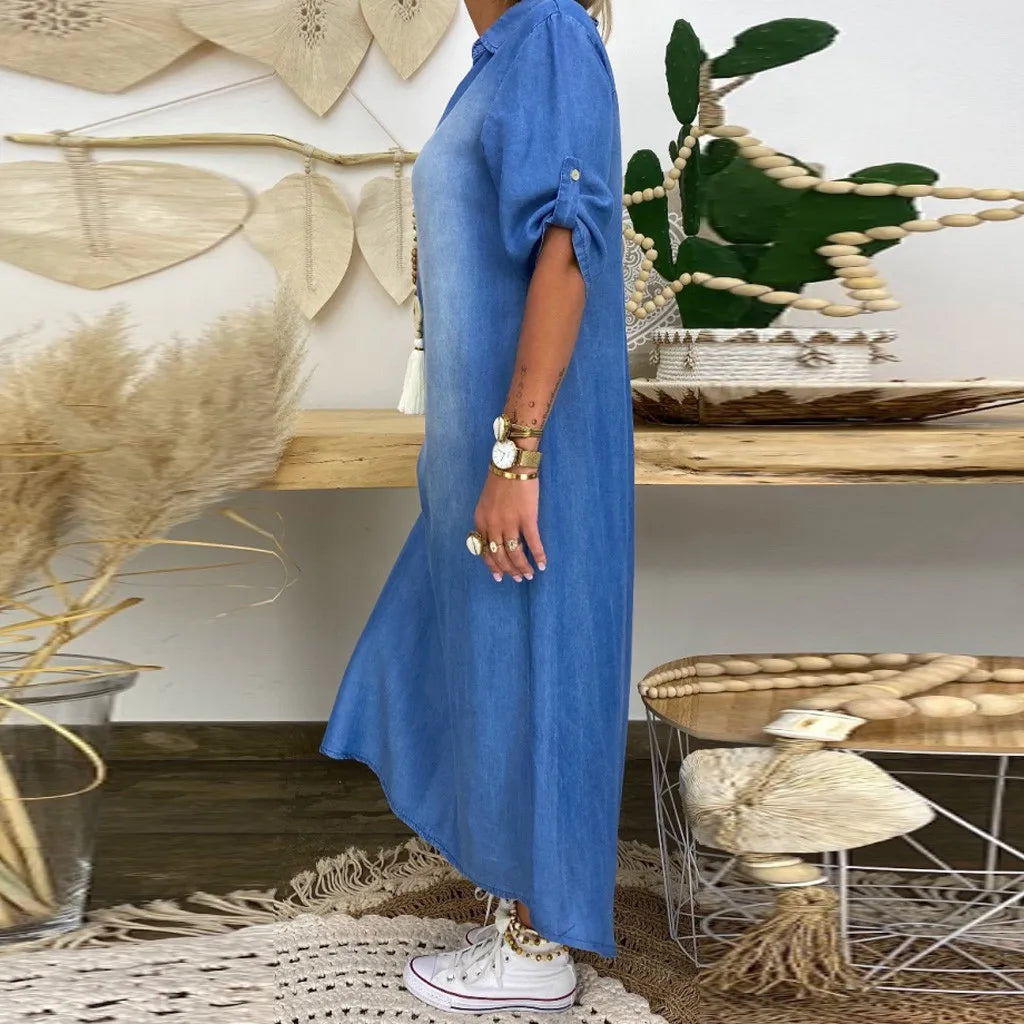 Lea | Abito lungo in denim con spacco laterale
