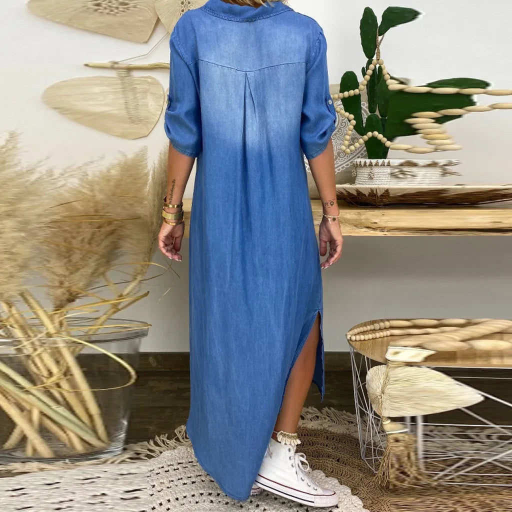 Lea | Abito lungo in denim con spacco laterale