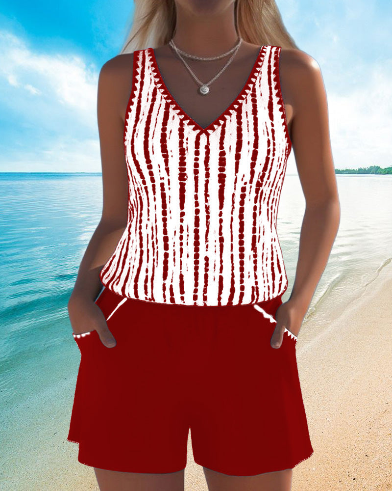 Mia | Costume da bagno casual a due pezzi stampato con scollatura a V e tasche