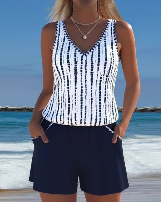 Mia | Costume da bagno casual a due pezzi stampato con scollatura a V e tasche