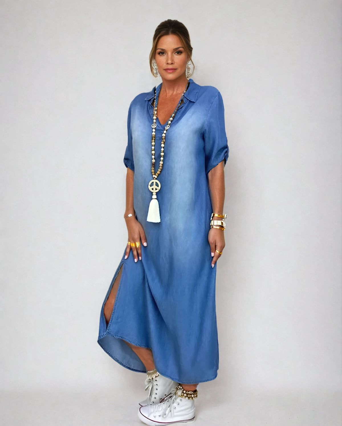 Lea | Abito lungo in denim con spacco laterale