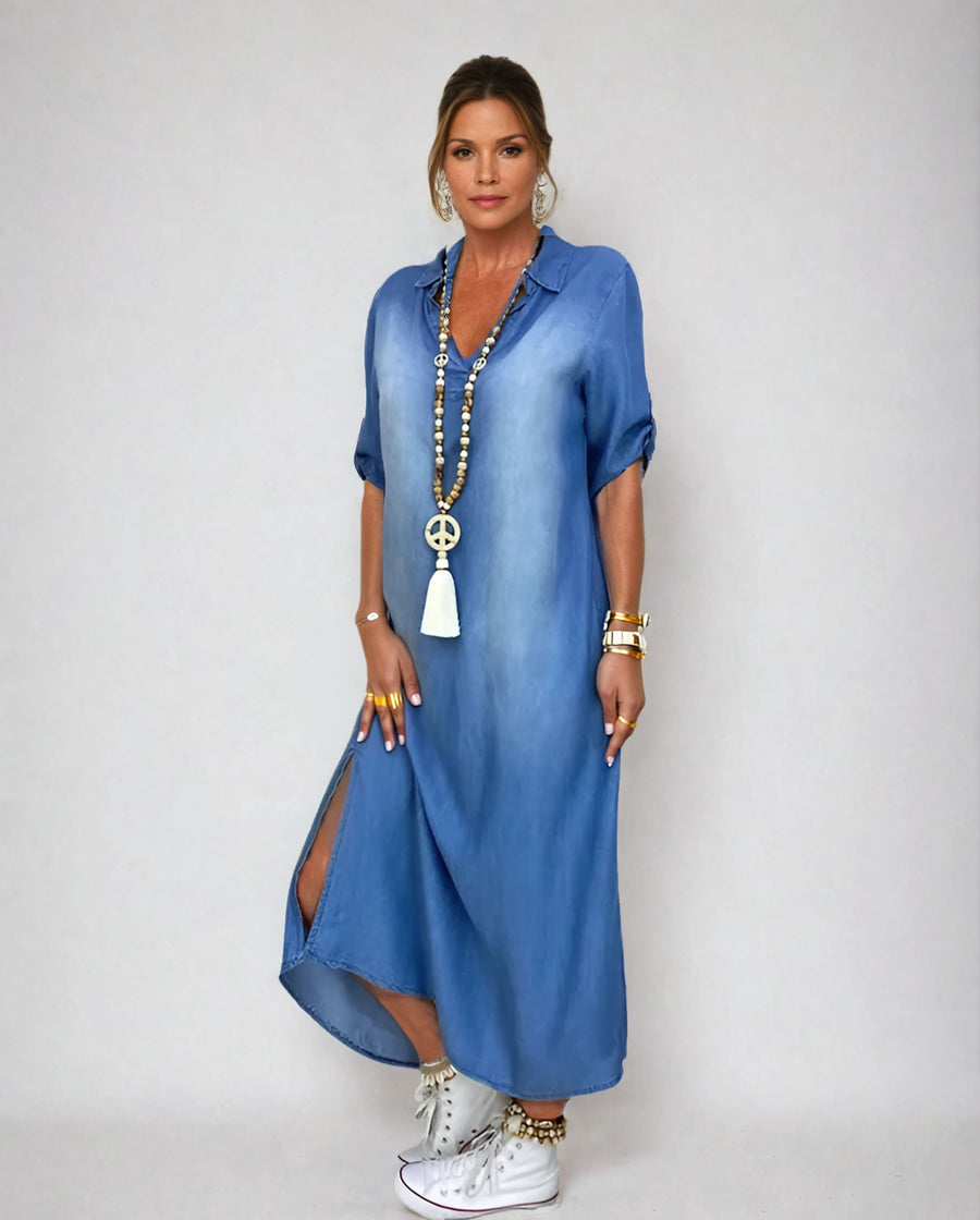 Lea | Abito lungo in denim con spacco laterale