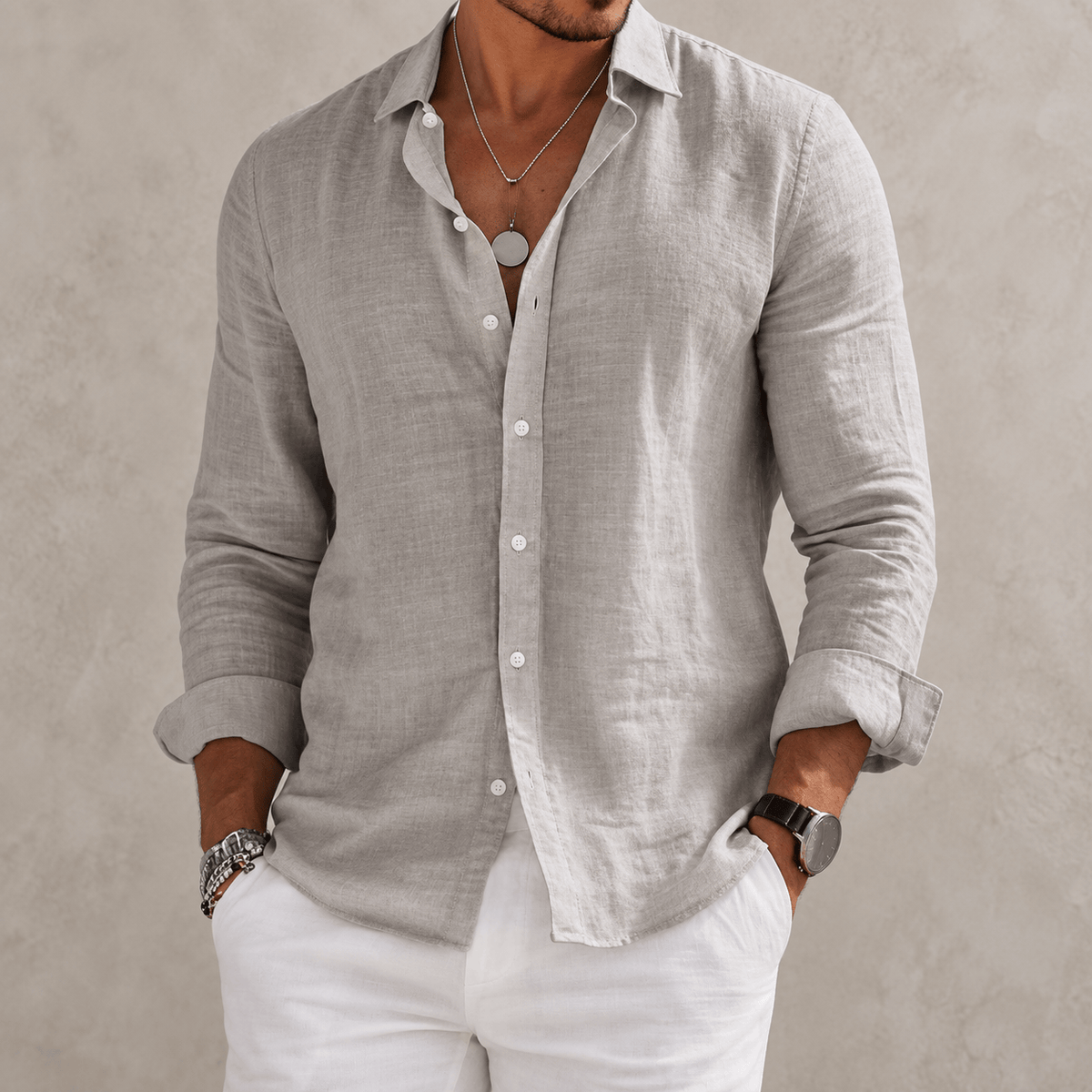Massimo | Camicia Effetto Lino a Maniche Lunghe