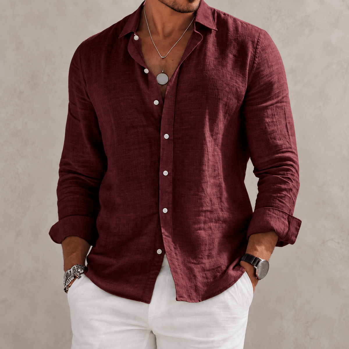 Massimo | Camicia Effetto Lino a Maniche Lunghe