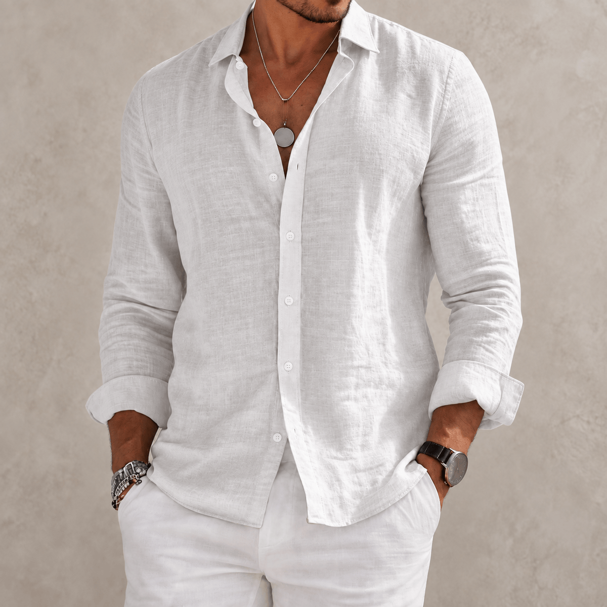 Massimo | Camicia Effetto Lino a Maniche Lunghe