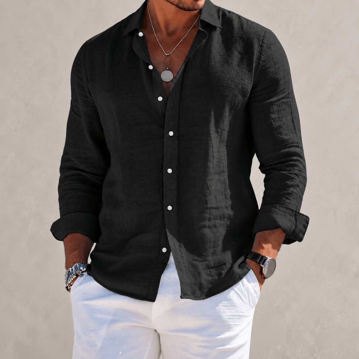 Massimo | Camicia Effetto Lino a Maniche Lunghe