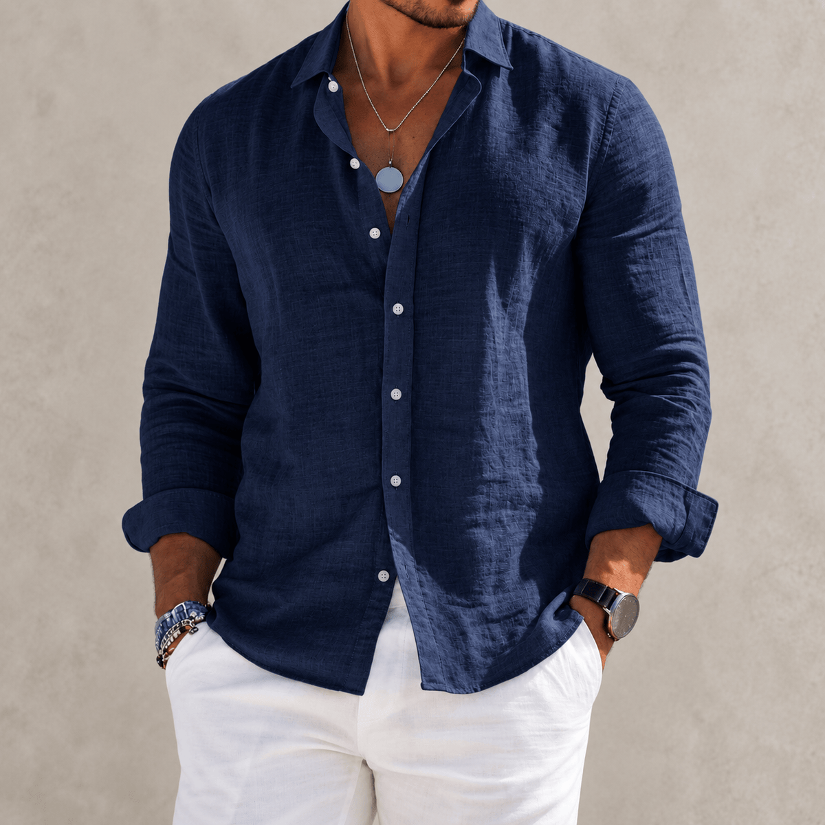 Massimo | Camicia Effetto Lino a Maniche Lunghe