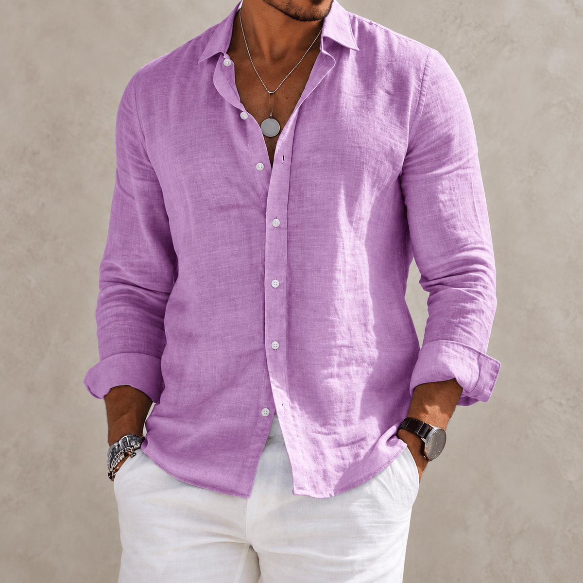 Massimo | Camicia Effetto Lino a Maniche Lunghe