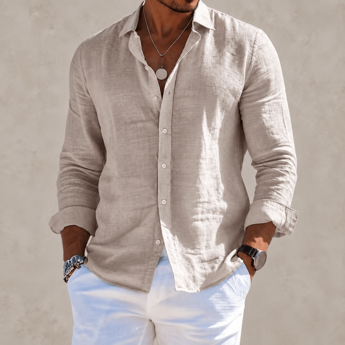 Massimo | Camicia Effetto Lino a Maniche Lunghe
