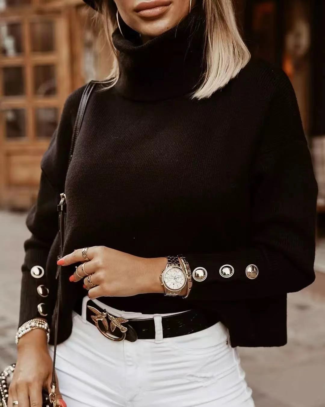 Maglione da donna a collo alto con maniche a bottoni | Casual