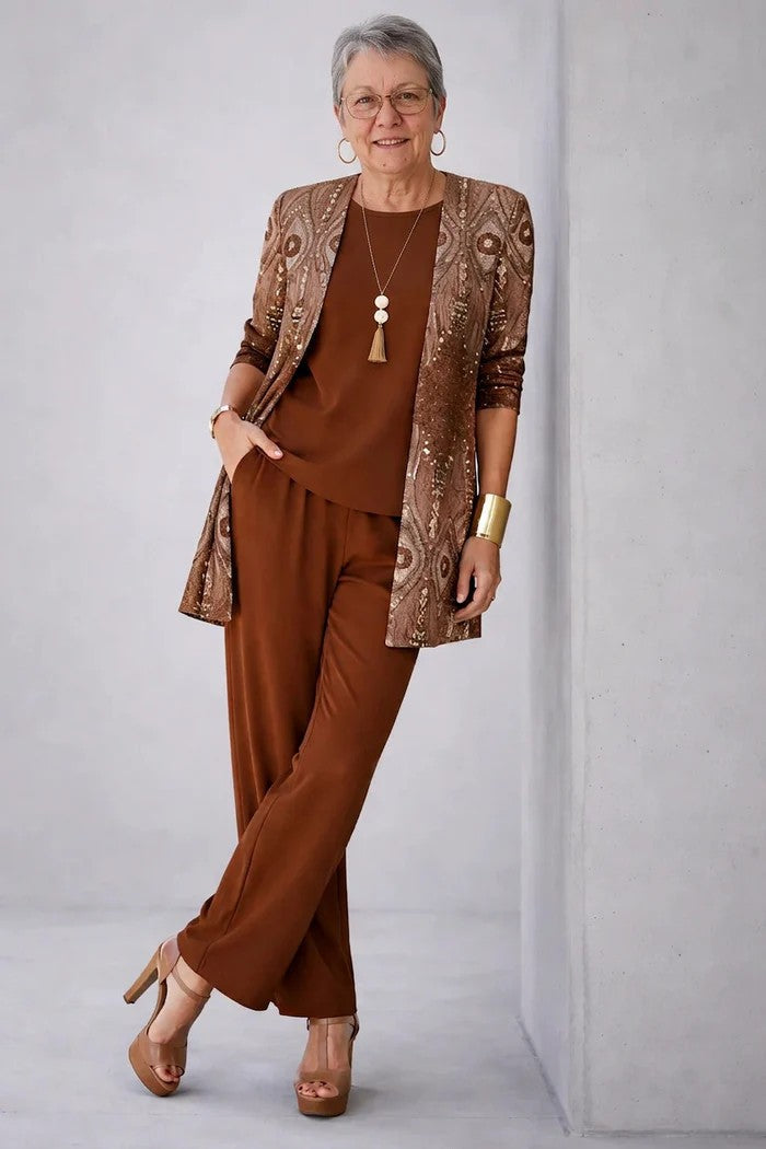 Ornella | Completo Tre Pezzi con Cardigan a Foglie