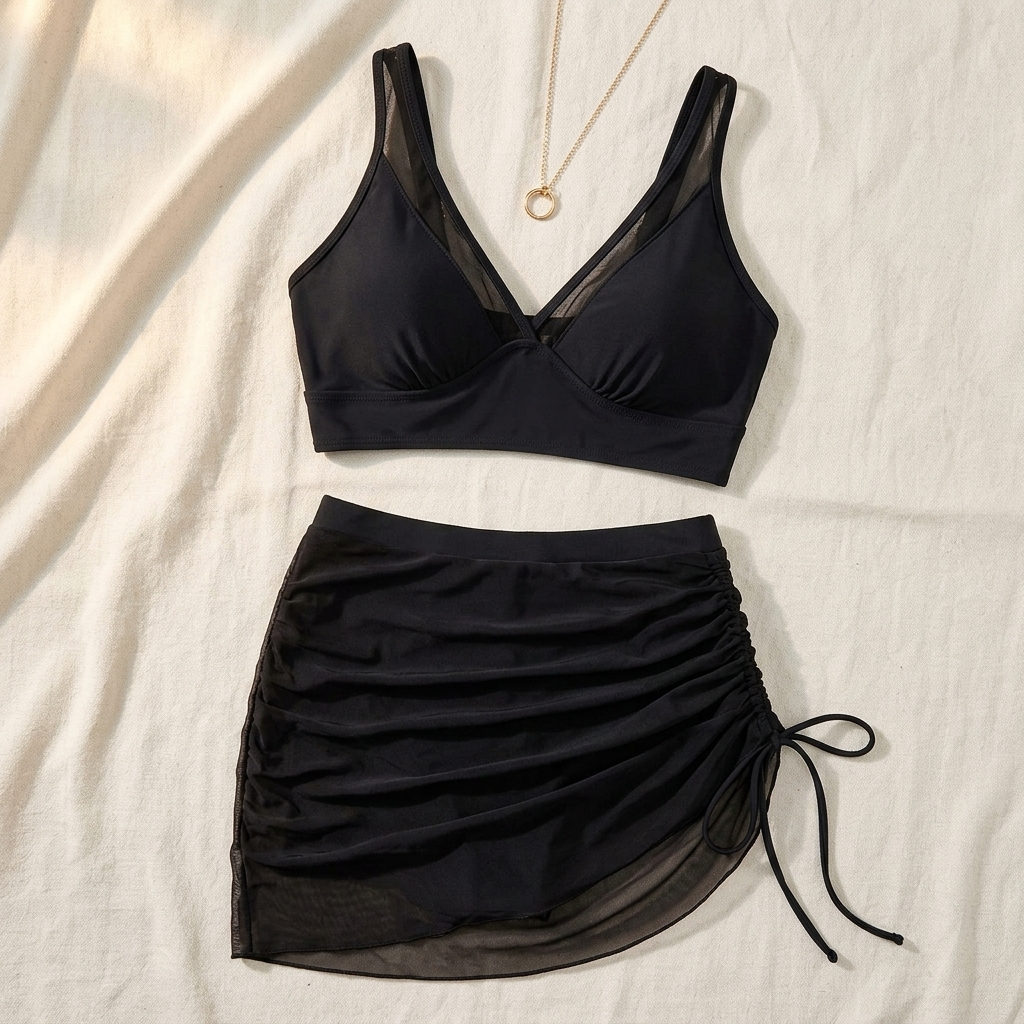 Marella – Set Bikini a Vita Alta in Rete con Gonna Arricciata